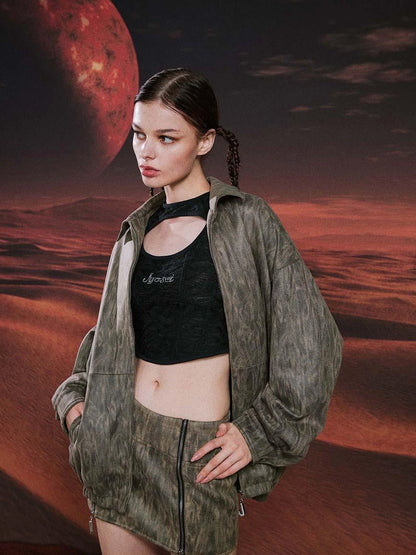 Vintage Suede Look Oversized Jacket And Bodycon Skirt Set