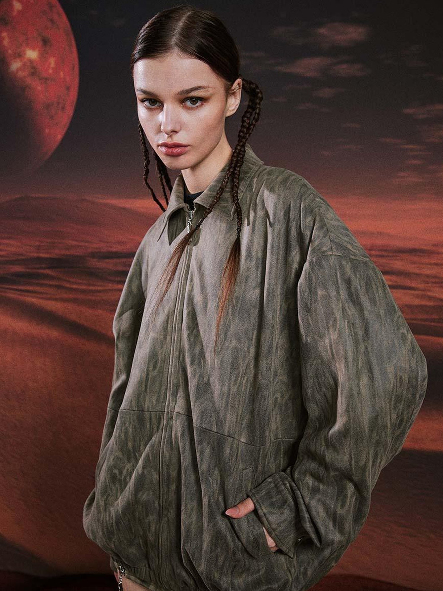JYOSEI Vintage Suede Look Oversized Jacket And Bodycon Skirt Set