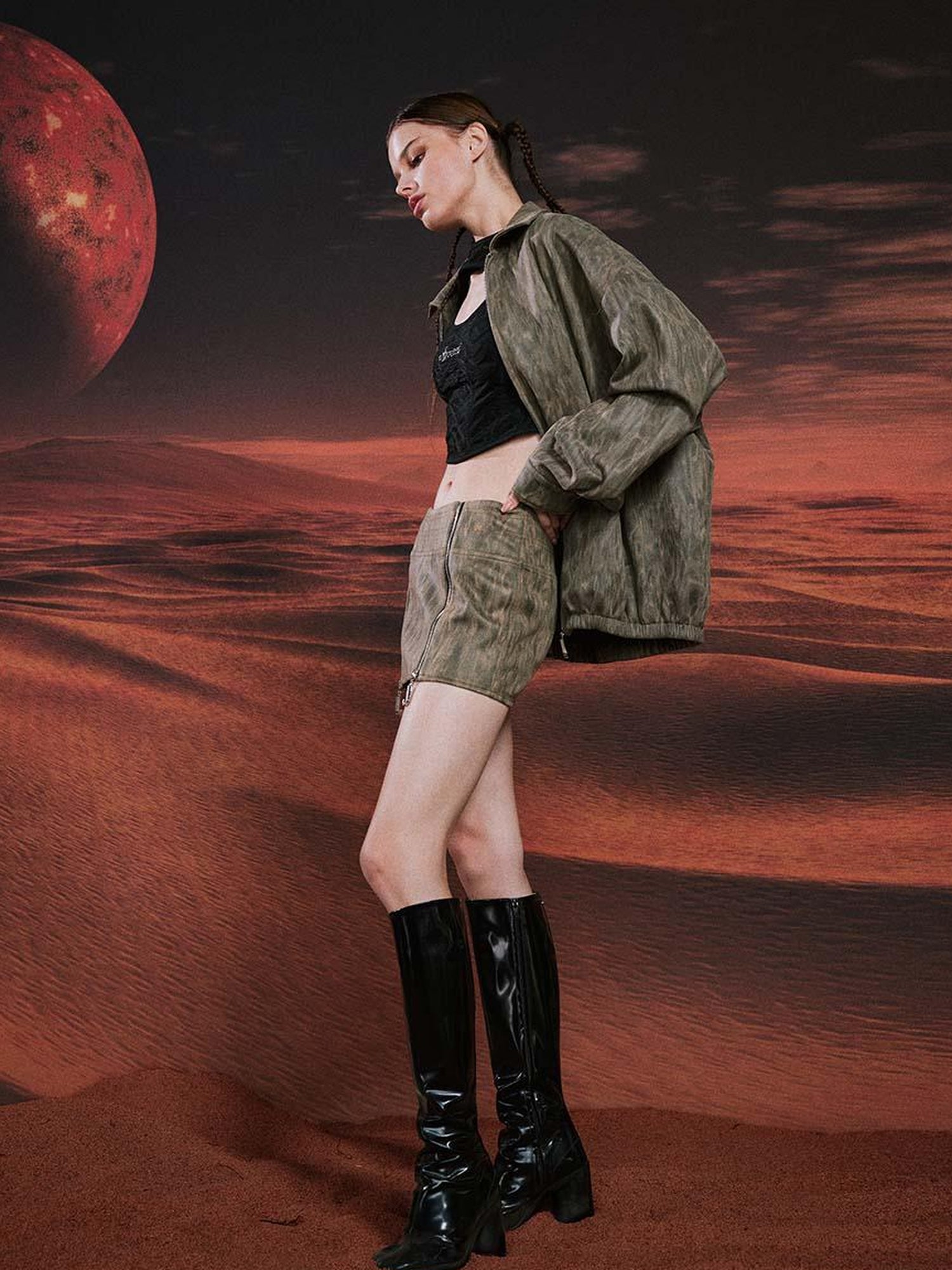 JYOSEI Vintage Suede Look Oversized Jacket And Bodycon Skirt Set