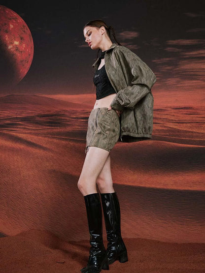 Vintage Suede Look Oversized Jacket And Bodycon Skirt Set