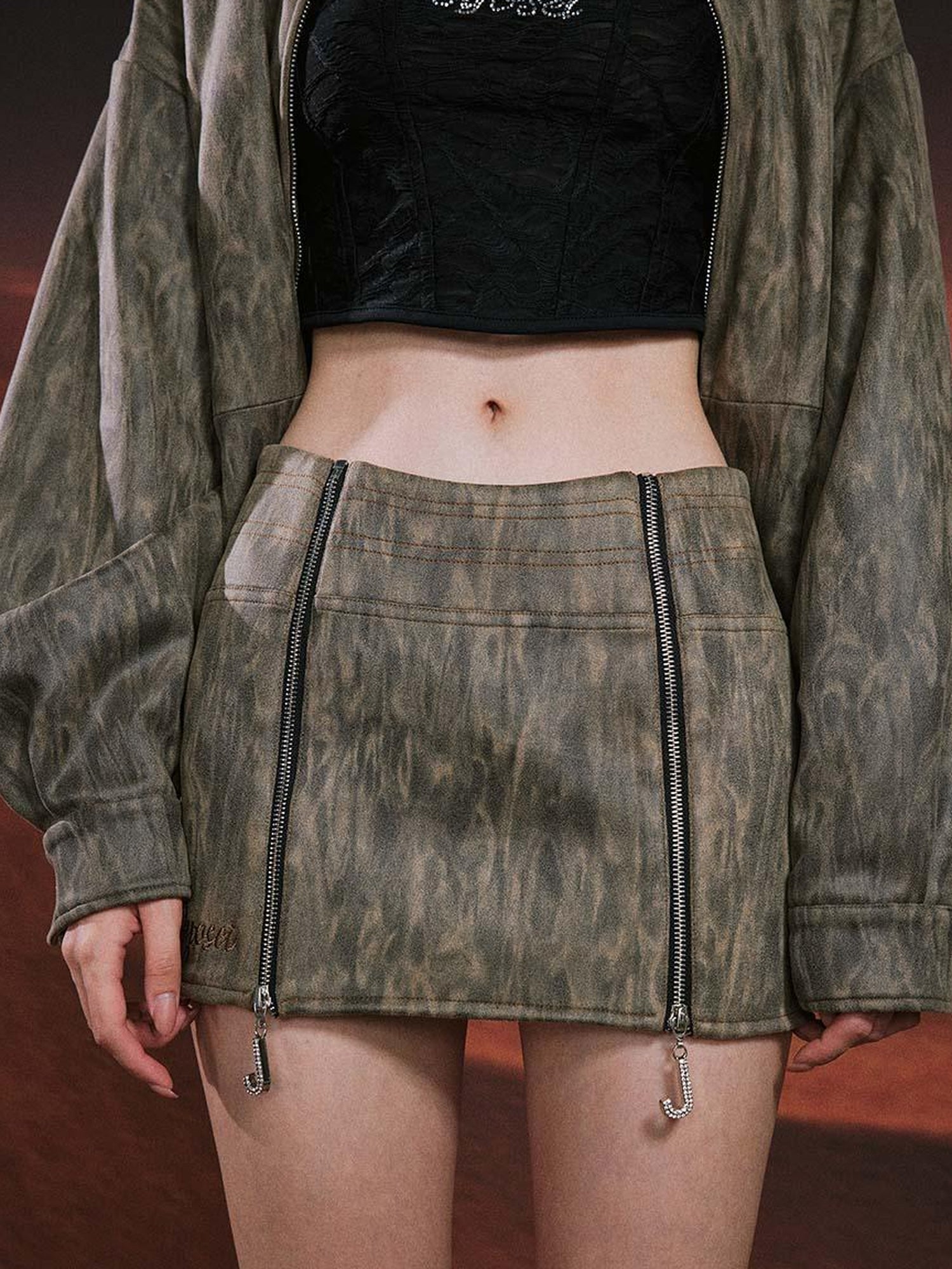 JYOSEI Vintage Suede Look Oversized Jacket And Bodycon Skirt Set