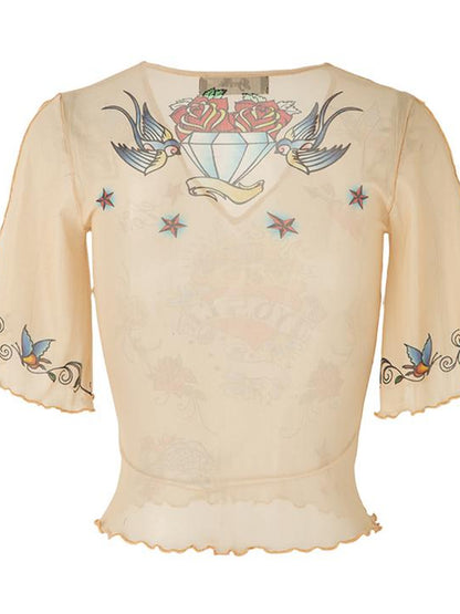 JYOSEI Vintage Tattoo Print Mesh Top With Floral Butterfly Design