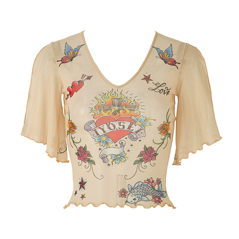 JYOSEI_Vintage_Tattoo_Print_Mesh_Top_With_Floral_Butterfly_Design_MISSTT