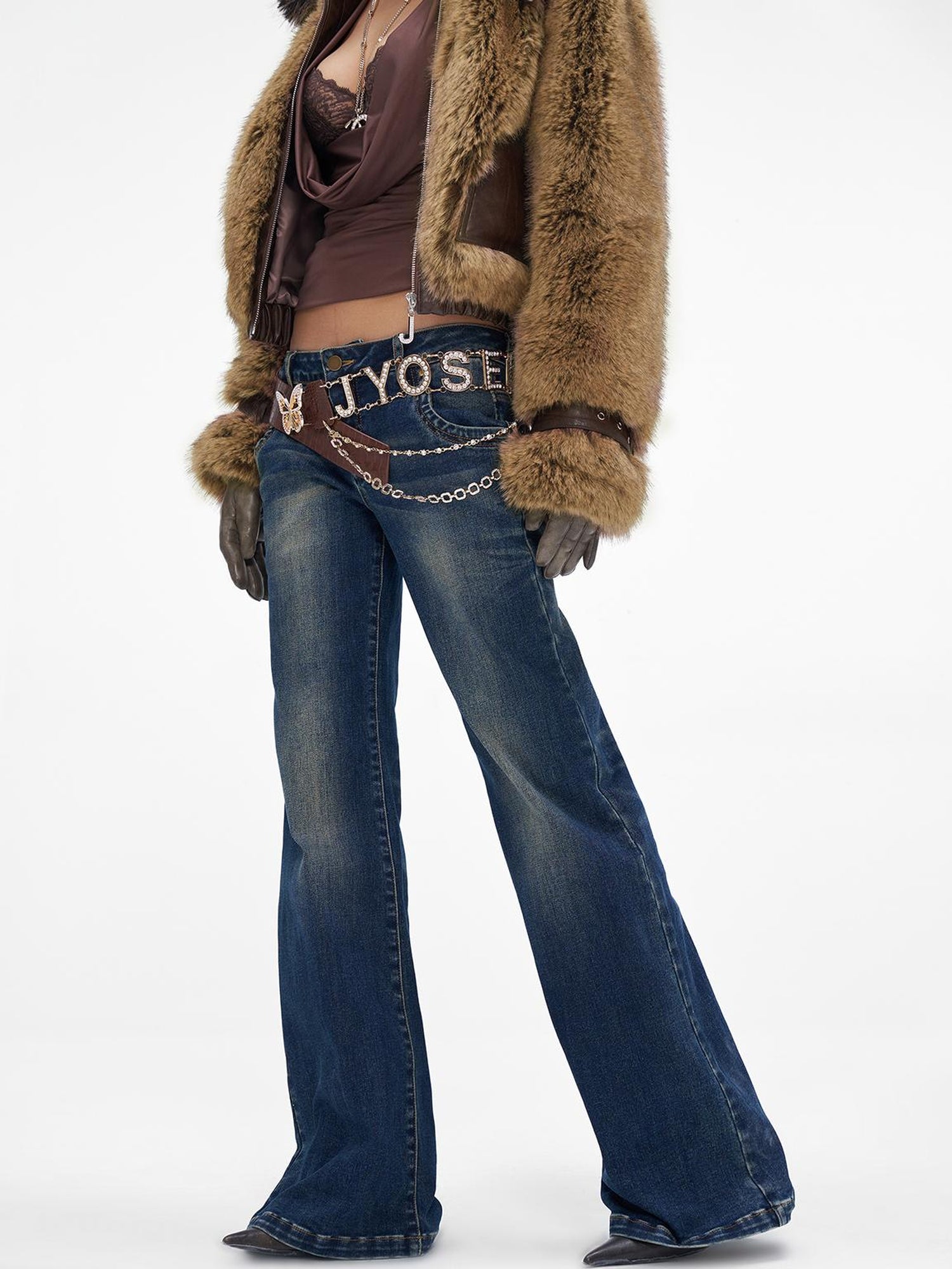 JYOSEI Vintage Washed Blue Low Rise Flared Jeans Loose Fit Wide Leg Trousers