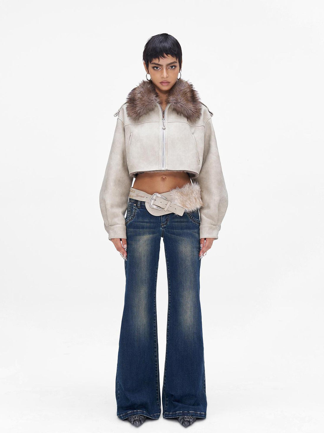 JYOSEI Vintage Washed Blue Low Rise Flared Jeans Loose Fit Wide Leg Trousers