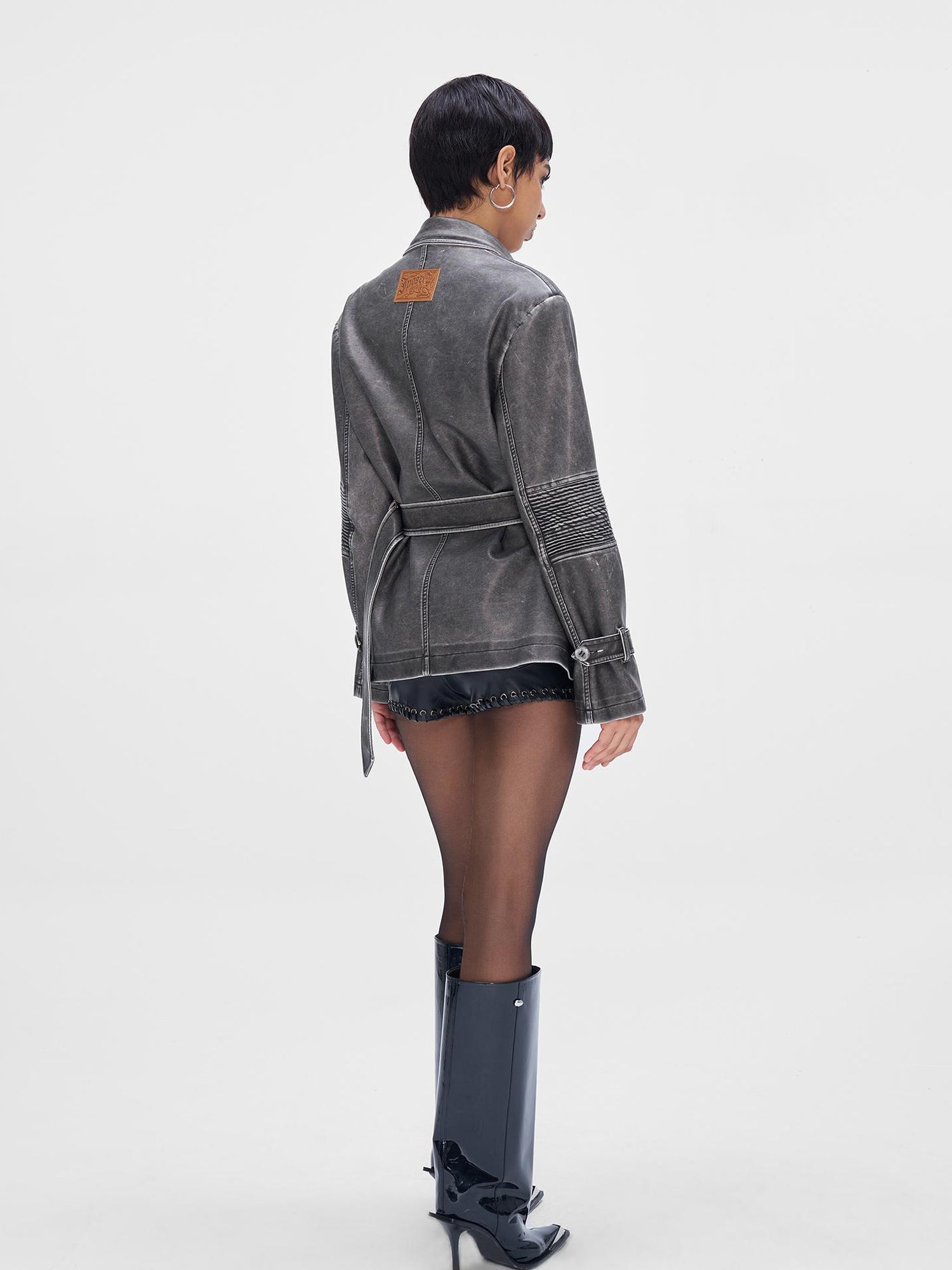JYOSEI Vintage Washed Grey Oversized Belted Leather Trench Coat