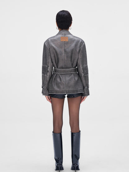 JYOSEI Vintage Washed Grey Oversized Belted Leather Trench Coat