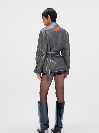 JYOSEI Vintage Washed Grey Oversized Belted Leather Trench Coat