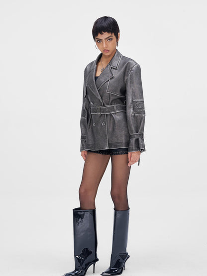 JYOSEI Vintage Washed Grey Oversized Belted Leather Trench Coat