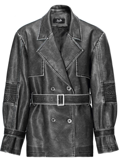 JYOSEI Vintage Washed Grey Oversized Belted Leather Trench Coat