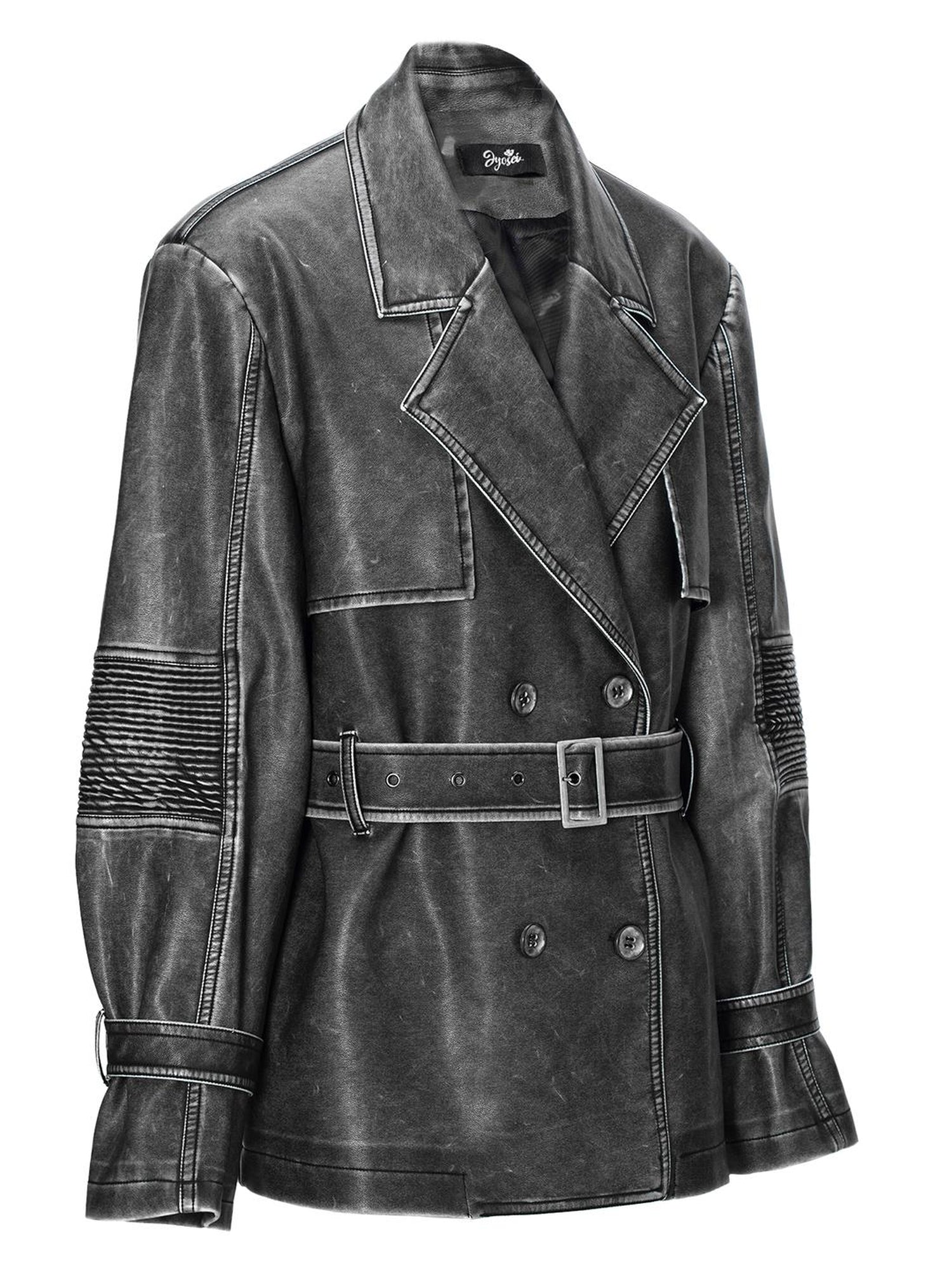 JYOSEI Vintage Washed Grey Oversized Belted Leather Trench Coat