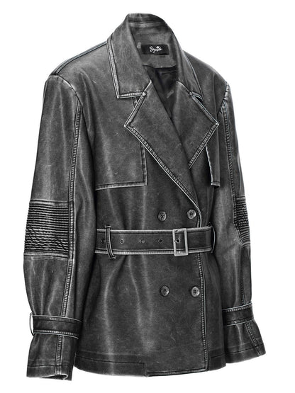JYOSEI Vintage Washed Grey Oversized Belted Leather Trench Coat