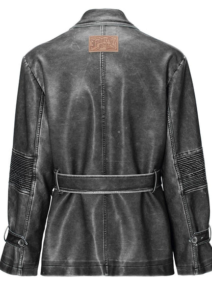 JYOSEI Vintage Washed Grey Oversized Belted Leather Trench Coat