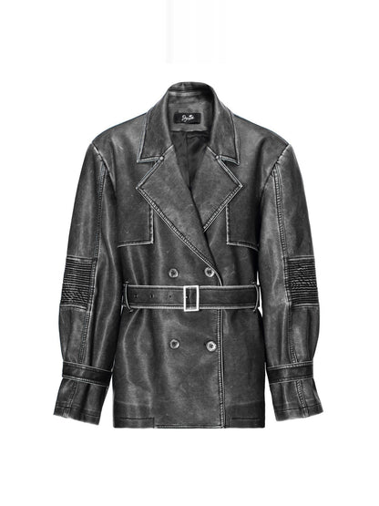 JYOSEI Vintage Washed Grey Oversized Belted Leather Trench Coat