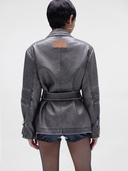 JYOSEI Vintage Washed Grey Oversized Belted Leather Trench Coat