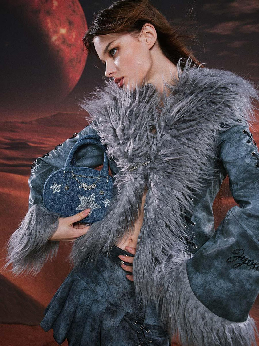 JYOSEI Vintage Y2 K Denim Bowling Bag With Glitter Chains