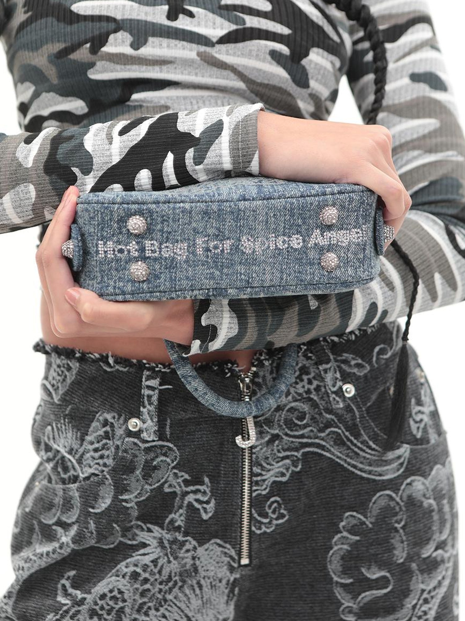 JYOSEI Vintage Y2 K Denim Bowling Bag With Glitter Chains