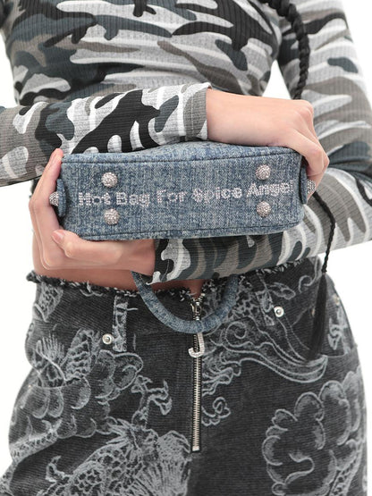 JYOSEI Vintage Y2 K Denim Bowling Bag With Glitter Chains
