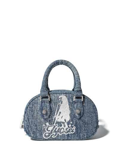 JYOSEI Vintage Y2 K Denim Bowling Bag With Glitter Chains