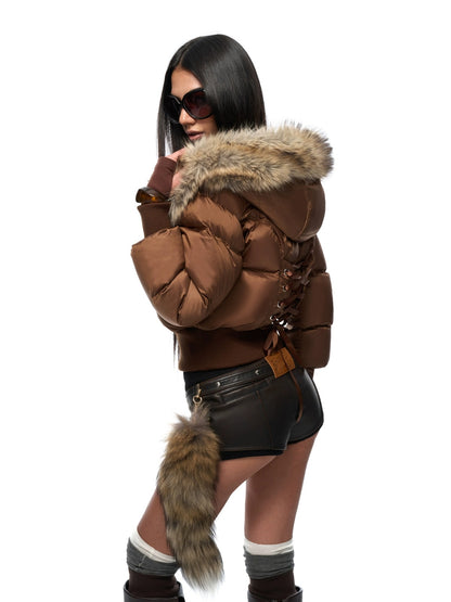 JYOSEI Warm High Waist Hooded Sexy Short Regular Fit Women 85% White Duck Down Coat