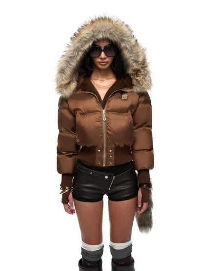 JYOSEI Warm High Waist Hooded Sexy Short Regular Fit Women 85% White Duck Down Coat