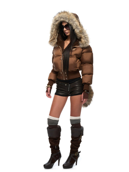 JYOSEI Warm High Waist Hooded Sexy Short Regular Fit Women 85% White Duck Down Coat