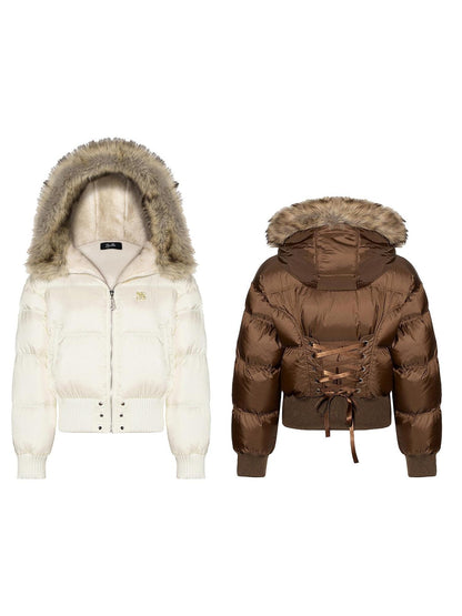 JYOSEI Warm High Waist Hooded Sexy Short Regular Fit Women 85% White Duck Down Coat