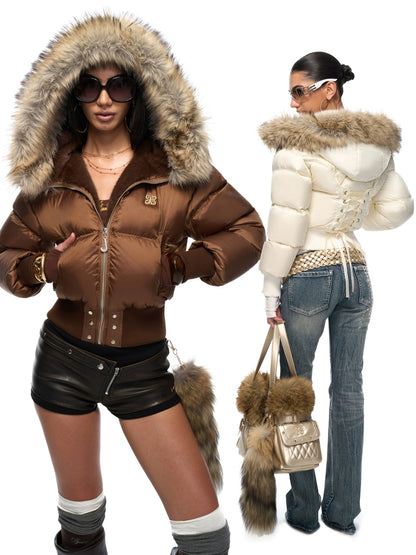 JYOSEI Warm High Waist Hooded Sexy Short Regular Fit Women 85% White Duck Down Coat