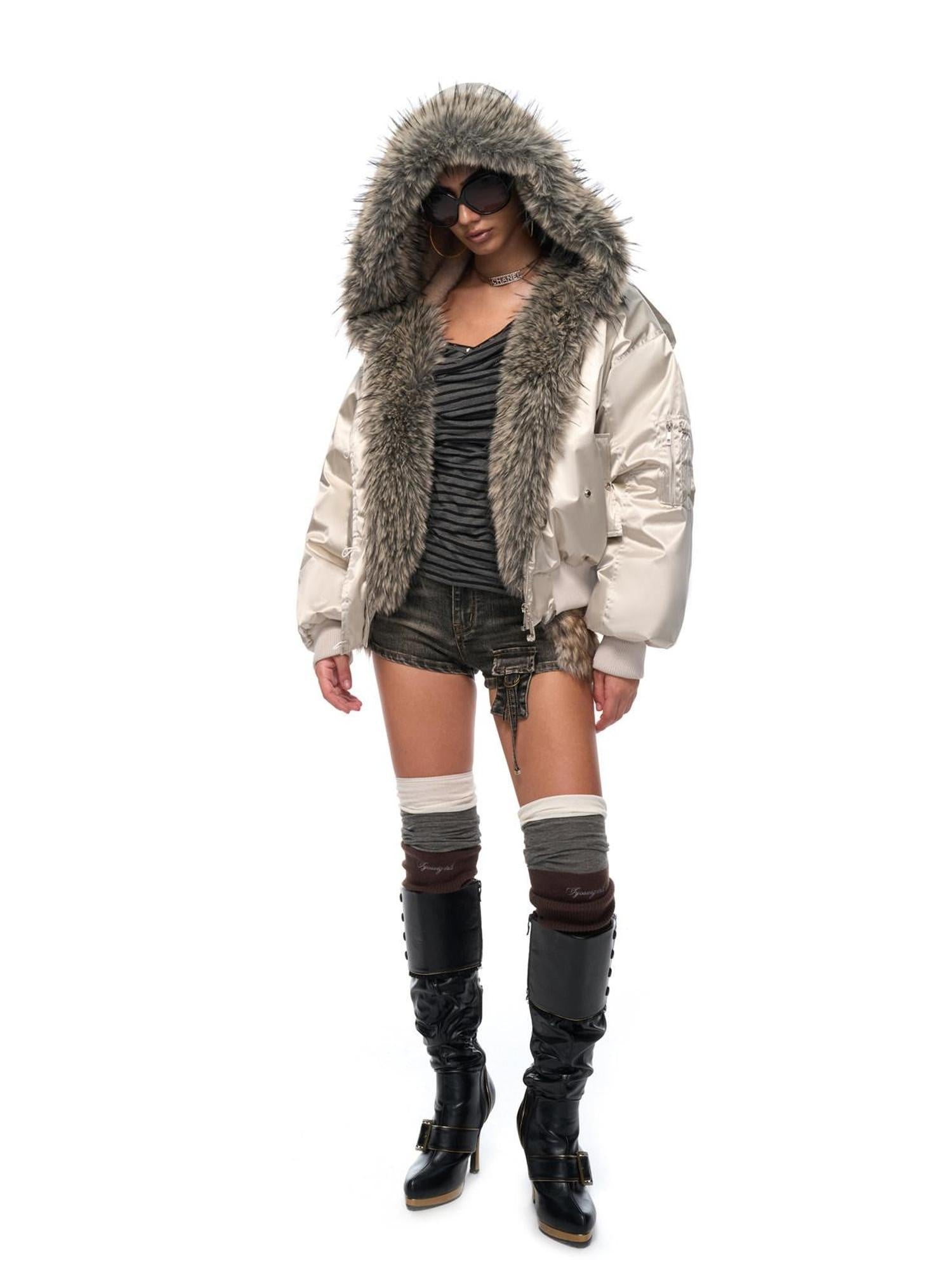 JYOSEI Warm Thick Cotton Lined Hooded Loose Street Champagne Nylon Zip Puffer Jacket