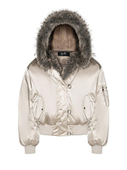 JYOSEI Warm Thick Cotton Lined Hooded Loose Street Champagne Nylon Zip Puffer Jacket
