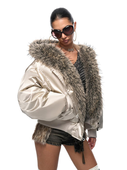 JYOSEI Warm Thick Cotton Lined Hooded Loose Street Champagne Nylon Zip Puffer Jacket