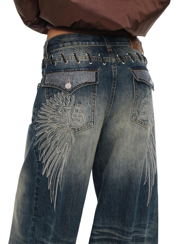 Washed Blue Heavy Embroidered Low Rise Loose Women's Cotton Wide-leg Jeans