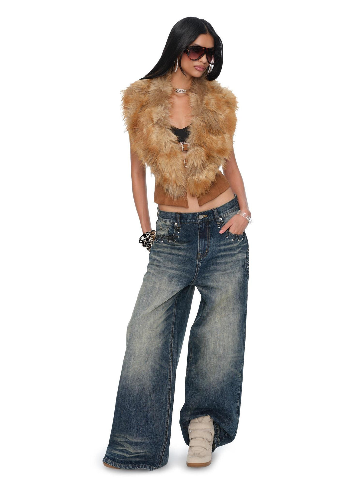 JYOSEI Washed Blue Heavy Embroidered Low Rise Loose Women&