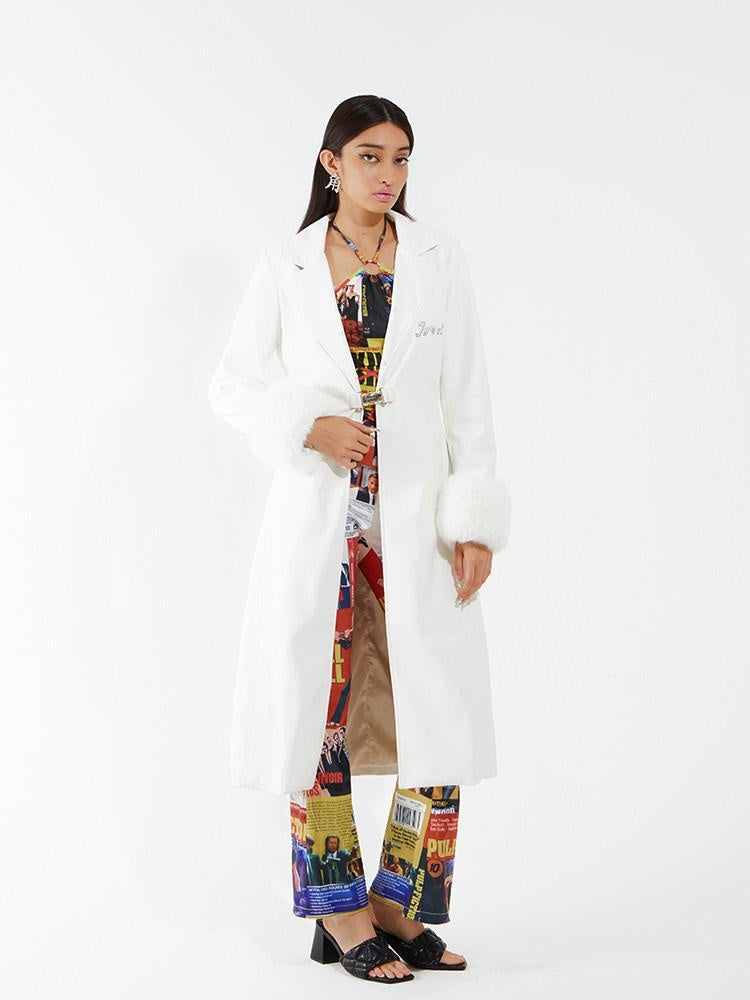 JYOSEI Washed Leather Patchwork Relaxed Fit Office Blazer Collar Midlength White Jacket
