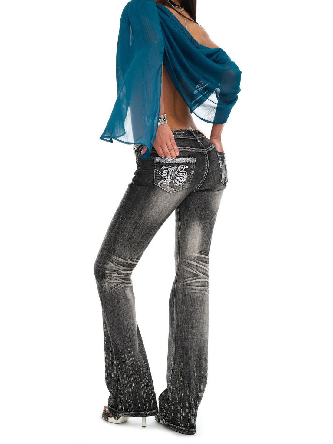 JYOSEI Washed Vintage Embroidered Rhinestone Micro Flare Women&