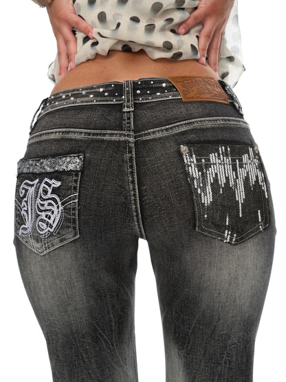 JYOSEI Washed Vintage Embroidered Rhinestone Micro Flare Women&