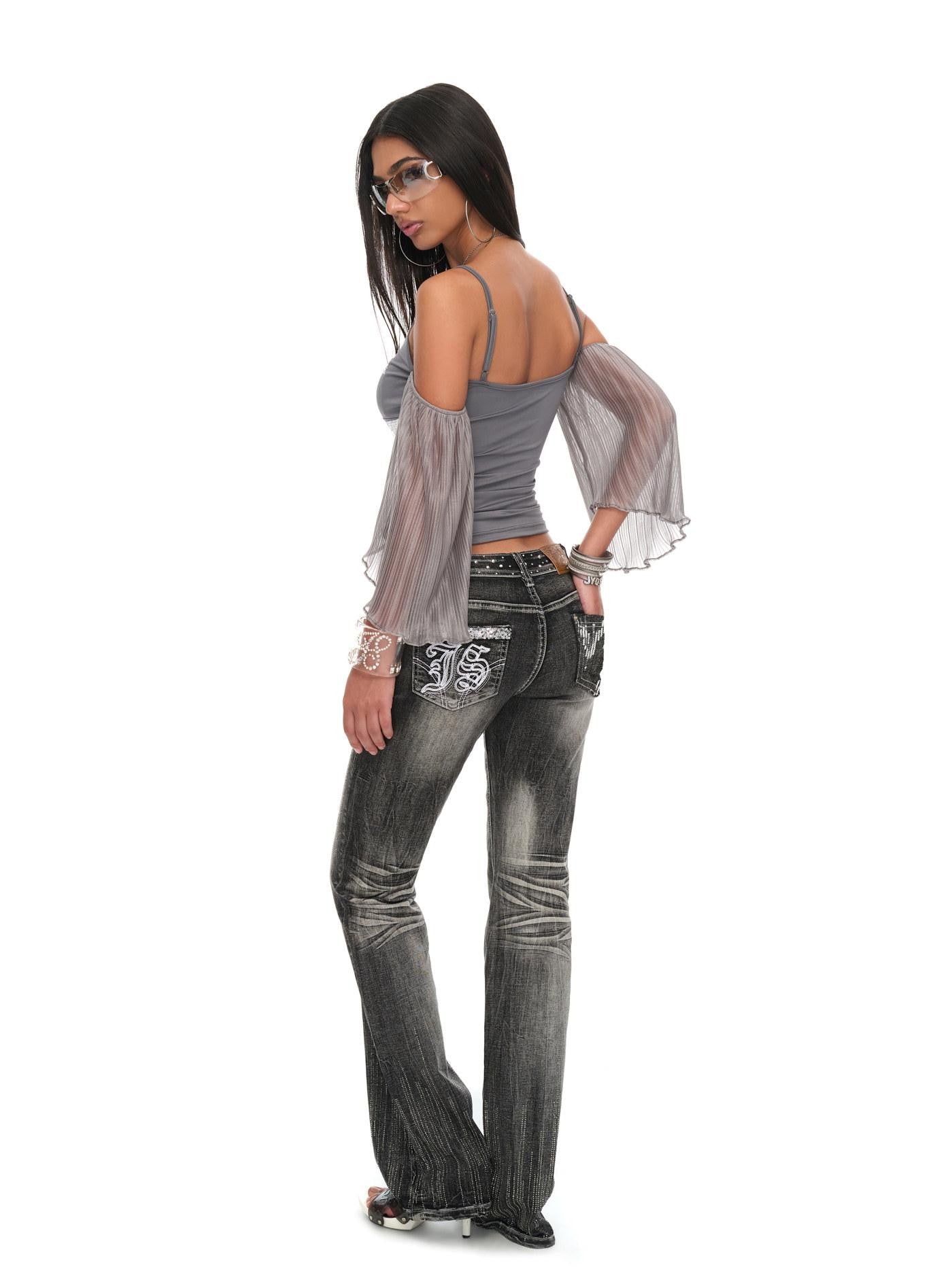 JYOSEI Washed Vintage Embroidered Rhinestone Micro Flare Women&