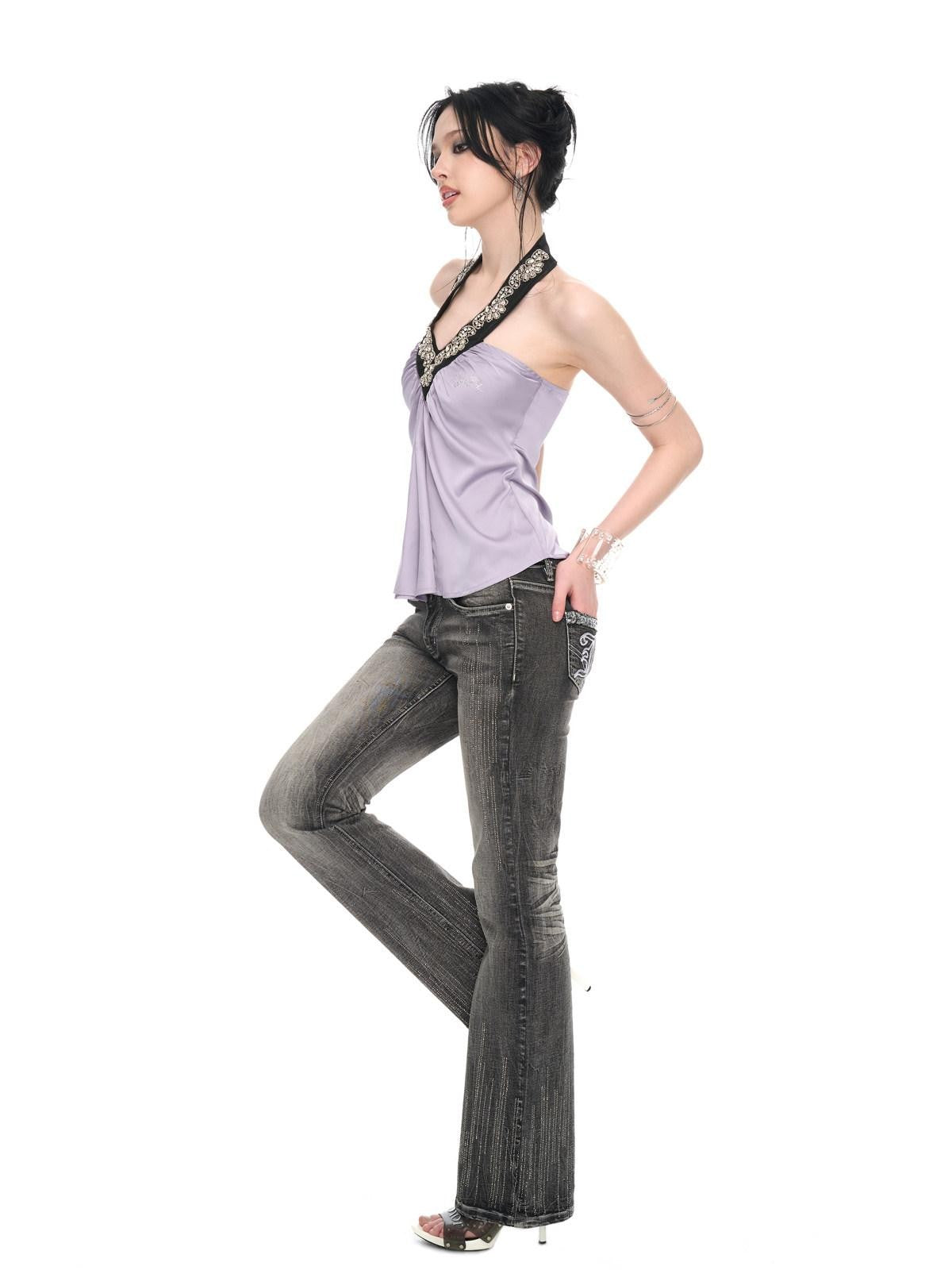 JYOSEI Washed Vintage Embroidered Rhinestone Micro Flare Women&