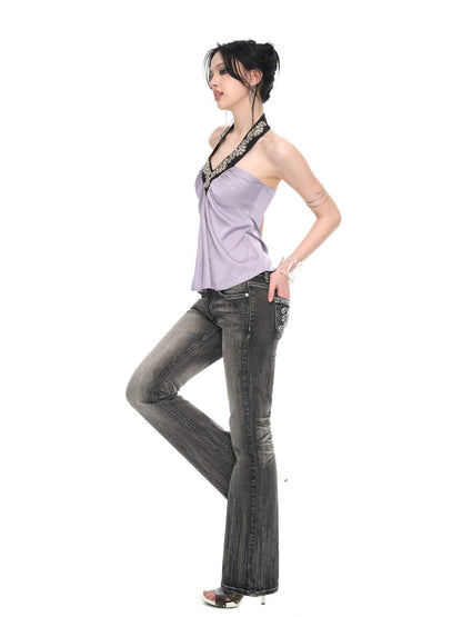 JYOSEI Washed Vintage Embroidered Rhinestone Micro Flare Women&