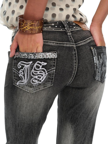 JYOSEI Washed Vintage Embroidered Rhinestone Micro Flare Women&