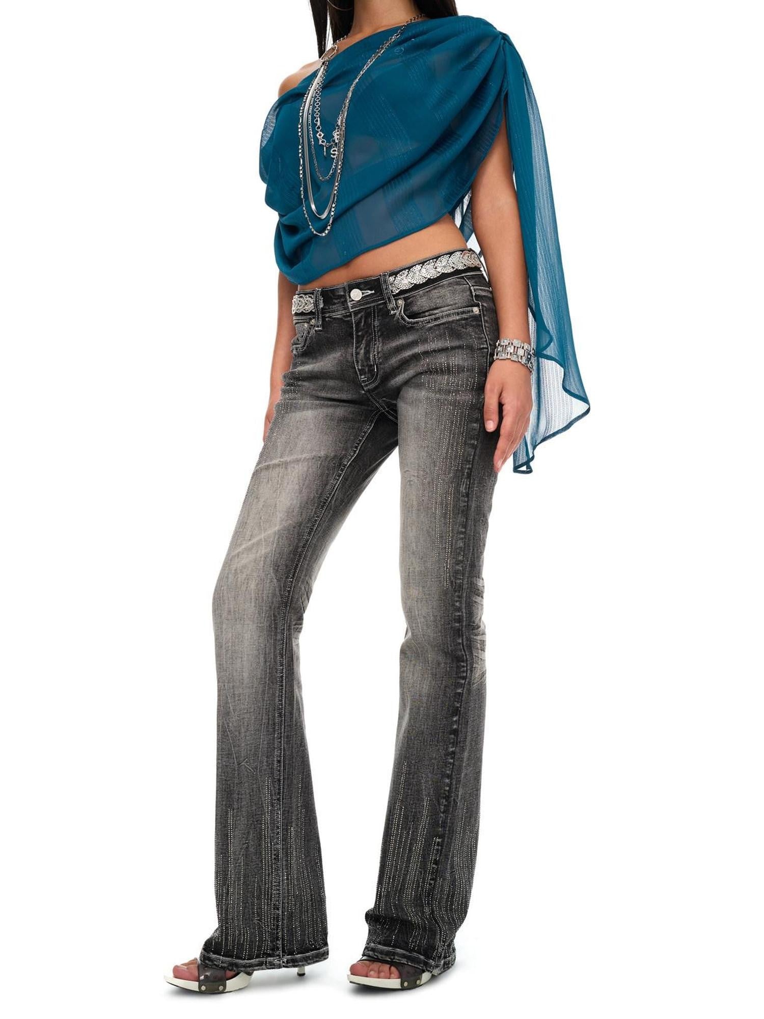JYOSEI Washed Vintage Embroidered Rhinestone Micro Flare Women&