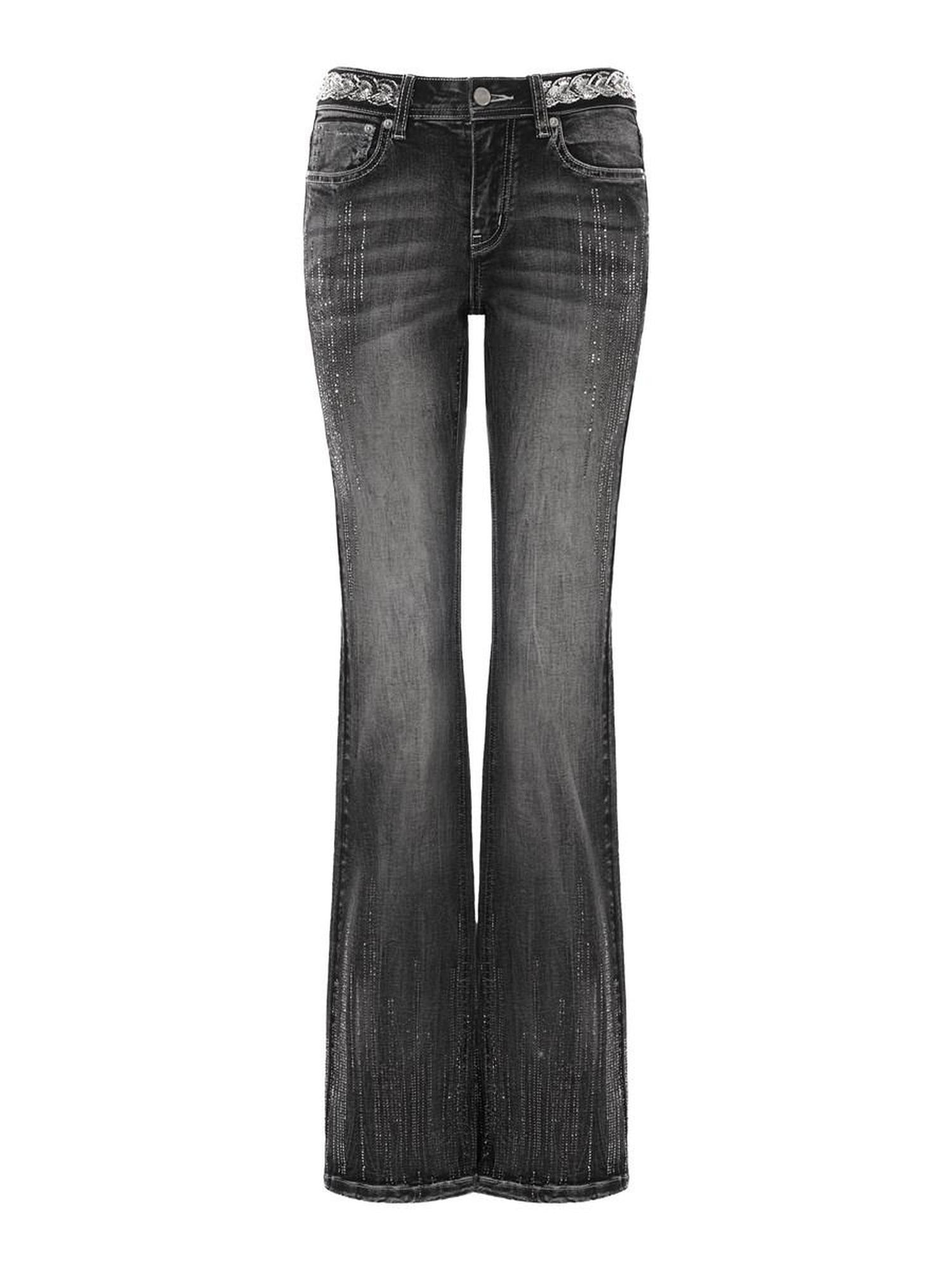 JYOSEI Washed Vintage Embroidered Rhinestone Micro Flare Women&
