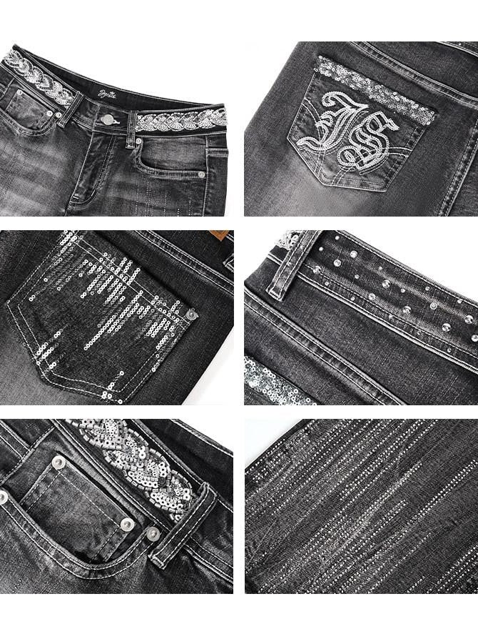 JYOSEI Washed Vintage Embroidered Rhinestone Micro Flare Women&