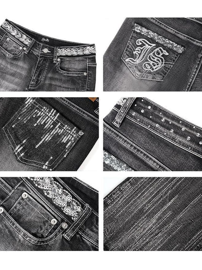 JYOSEI Washed Vintage Embroidered Rhinestone Micro Flare Women&