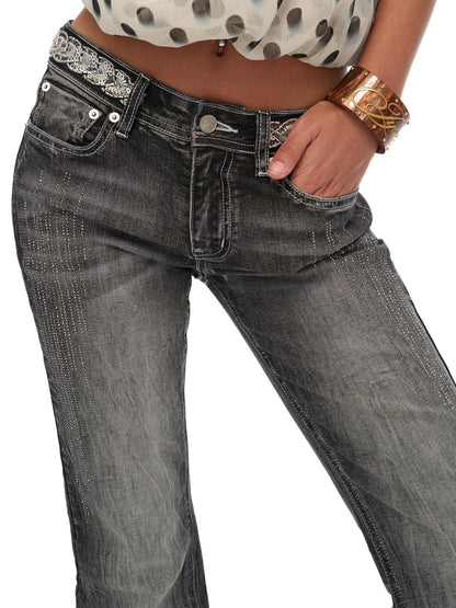 JYOSEI Washed Vintage Embroidered Rhinestone Micro Flare Women&