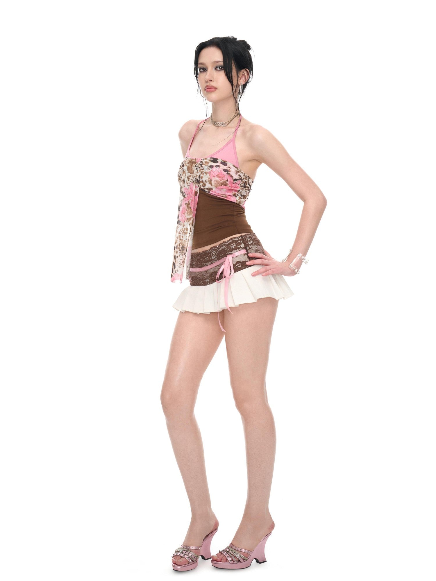 JYOSEI White Brown Lace Ribbon Blazer Low Waist Pleated Women&
