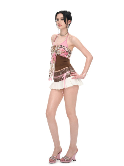 JYOSEI White Brown Lace Ribbon Blazer Low Waist Pleated Women&