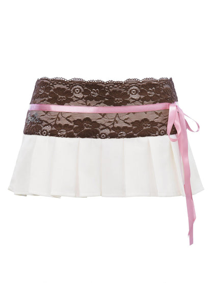 JYOSEI White Brown Lace Ribbon Blazer Low Waist Pleated Women&