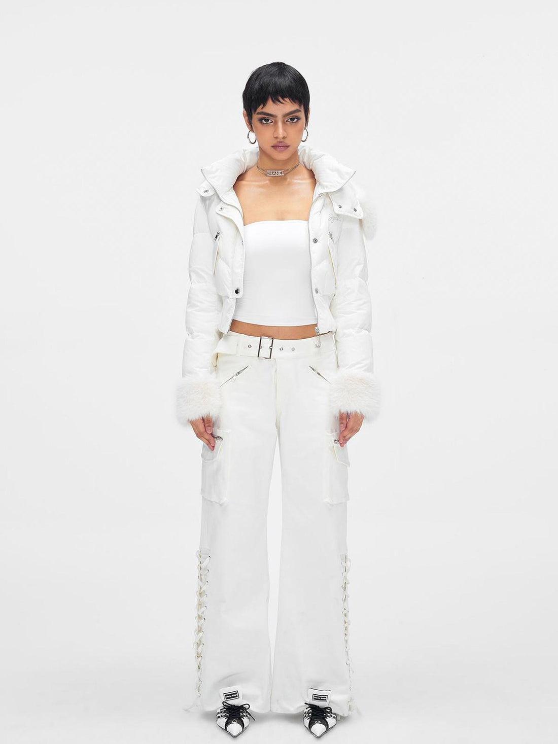 JYOSEI White Mid Low Waist Drawstring Cargo Pants Loose Wide Leg Trousers