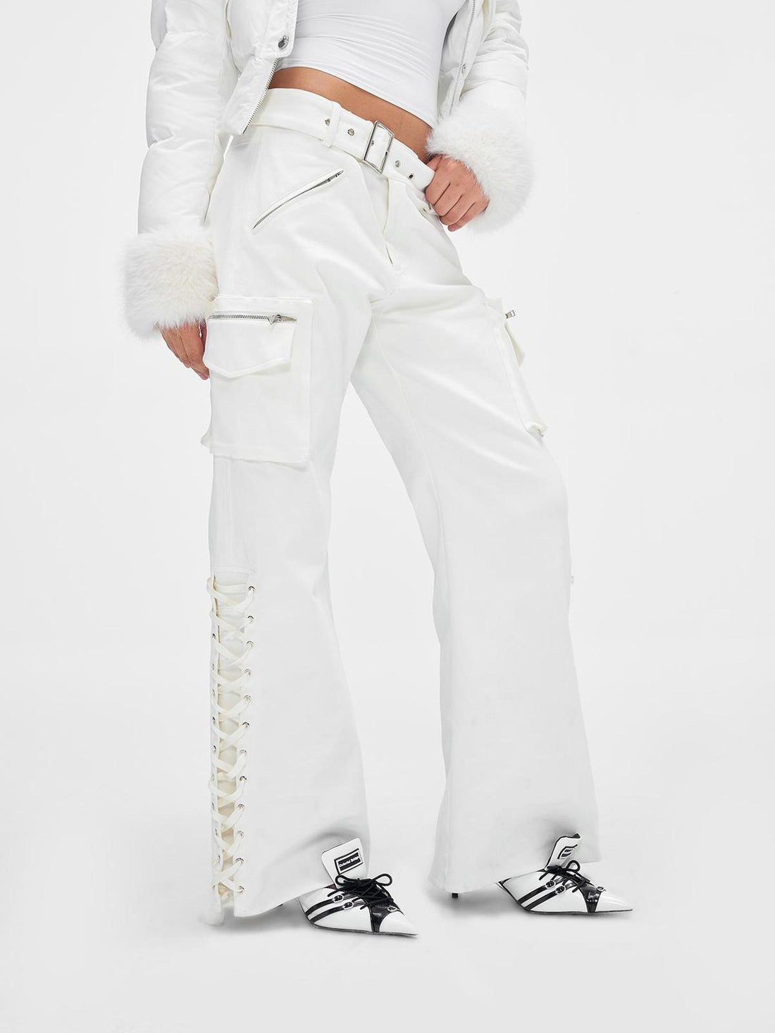 JYOSEI White Mid Low Waist Drawstring Cargo Pants Loose Wide Leg Trousers